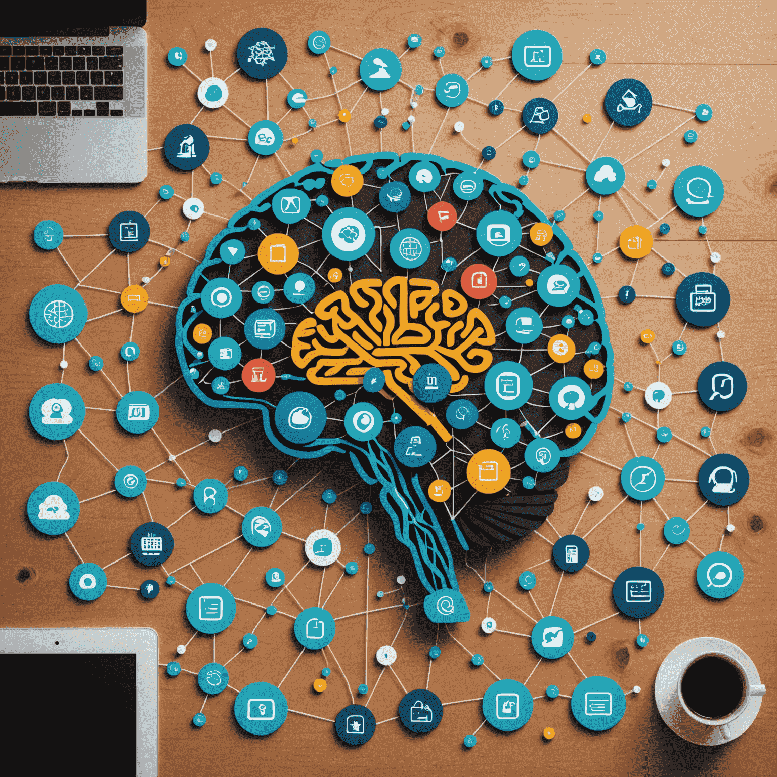 Imagen conceptual que muestra un cerebro digital conectado a varios iconos de negocios, representando la aplicación del machine learning en el emprendimiento