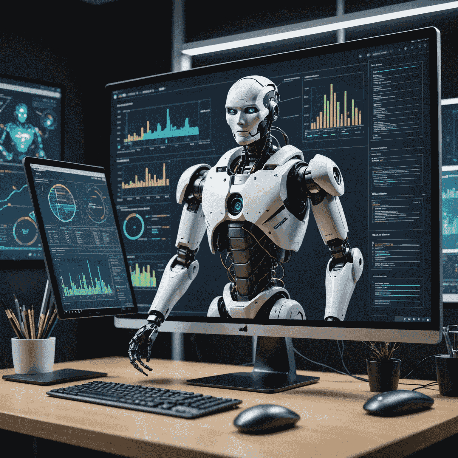 Imagen que muestra una pantalla de computadora con gráficos de análisis de datos y un robot de IA analizando la información