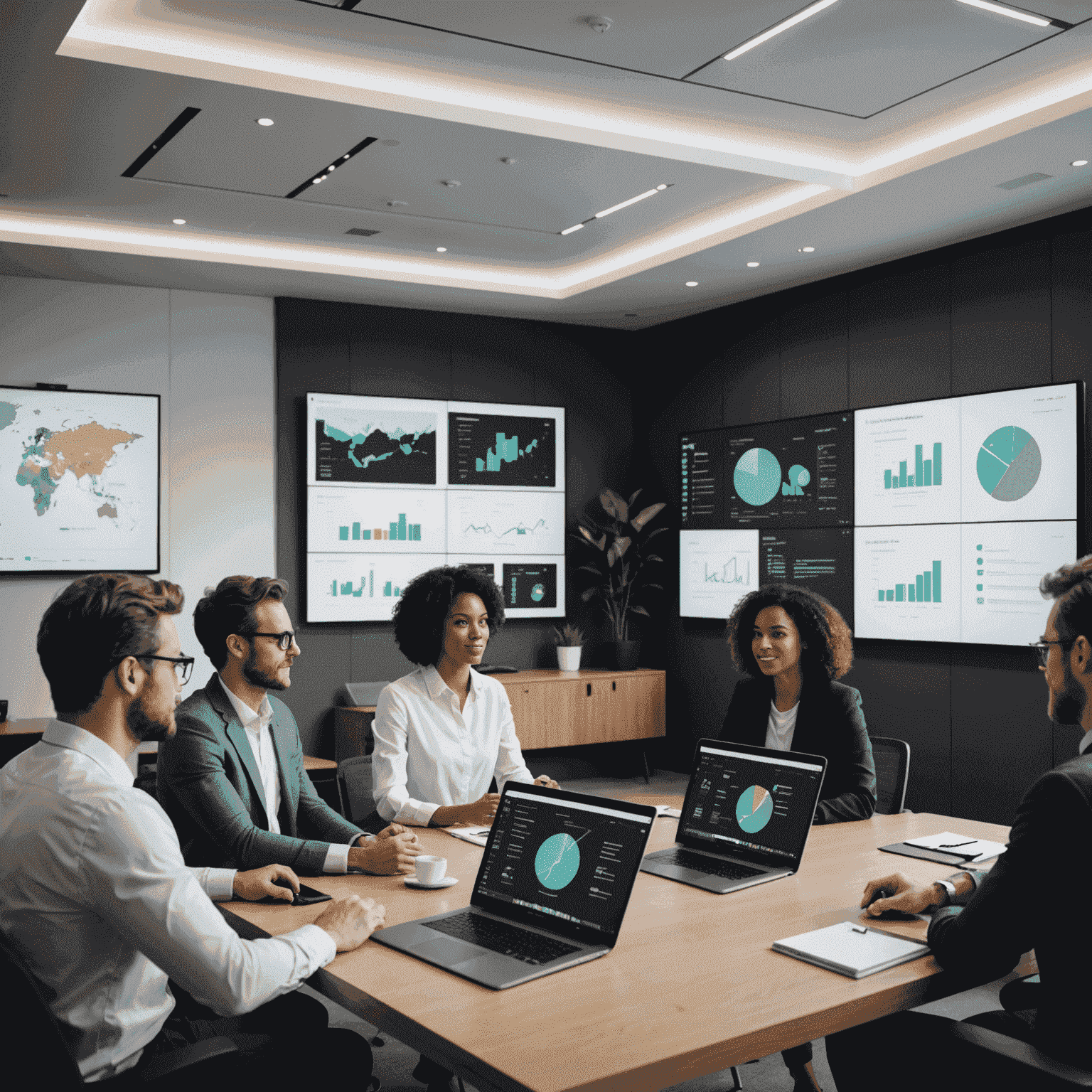 Imagen que muestra a un equipo diverso de profesionales colaborando en una sala de reuniones, utilizando pantallas interactivas con visualizaciones de datos y modelos de IA