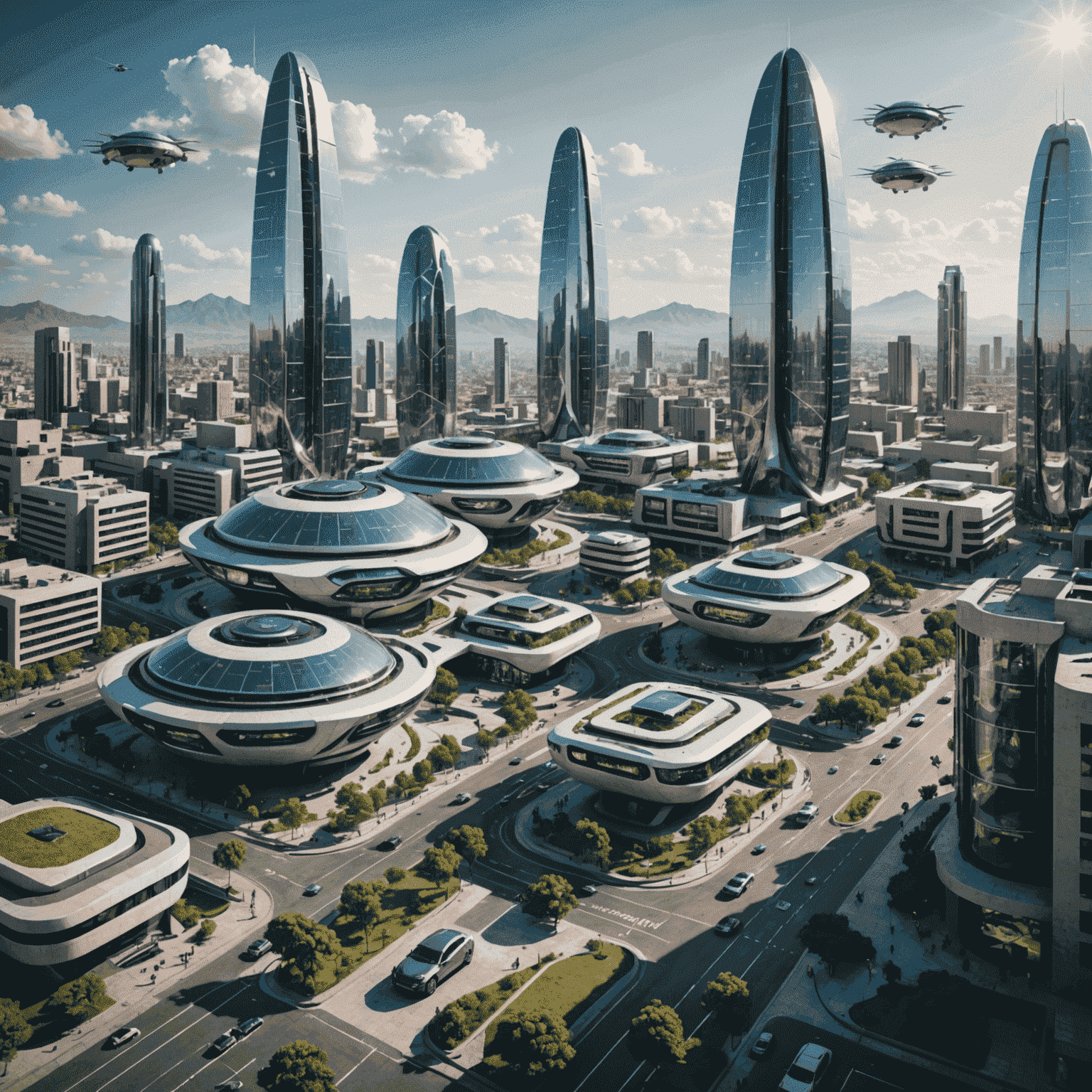 Imagen futurista de una ciudad mexicana con elementos de IA integrados, como vehículos autónomos y edificios inteligentes, simbolizando el futuro de la IA en México